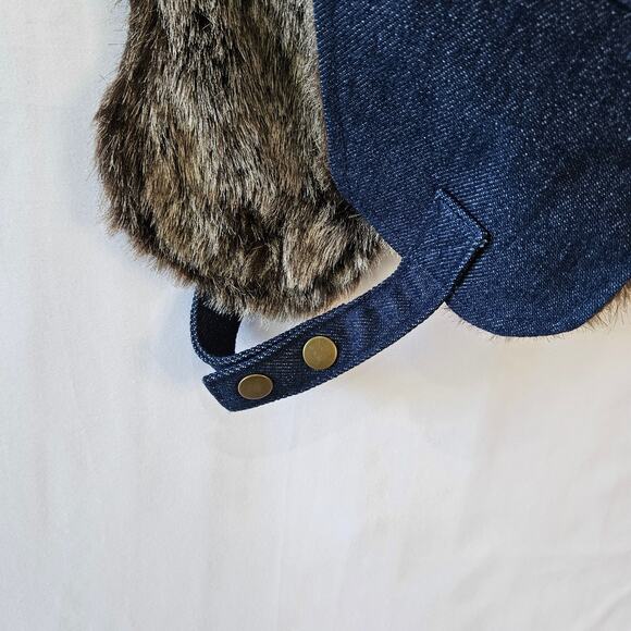 True Religion Earflap Cap Hat Faux Fur Denim - Picture 4 of 6